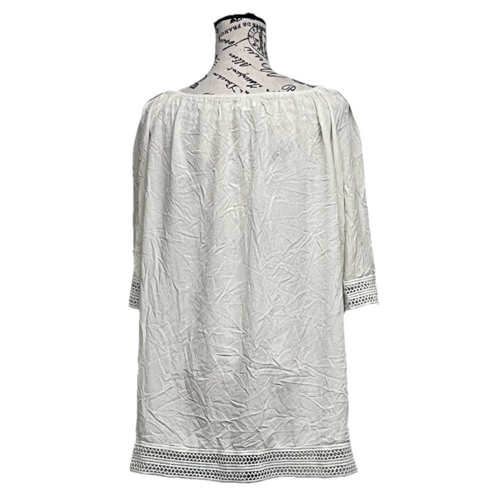 Aimage Women’s Cream Ivory Pintuck Boho Tunic Mini Dress L Semi Sheer Crochet - Picture 5 of 11